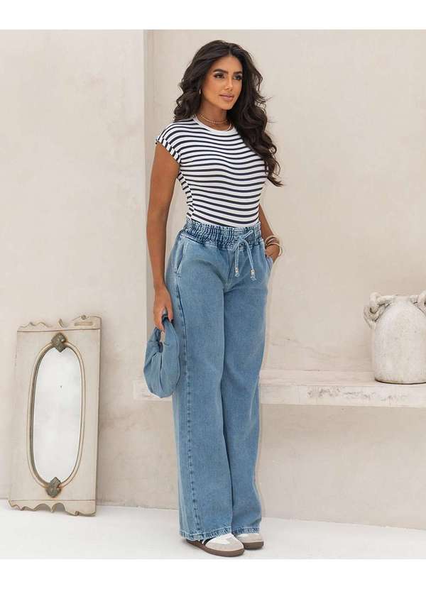 Consciência - Calca Jeans Wide Leg Feminina Cintura Alta com Elastico Azul 3