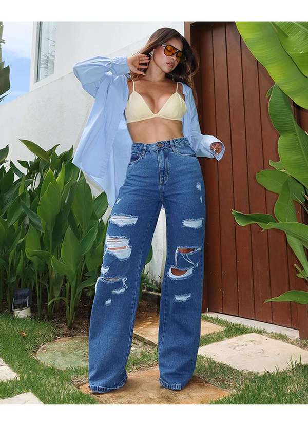 Calca Jeans Wide Leg Feminina Cintura Alta Destroyed Azul