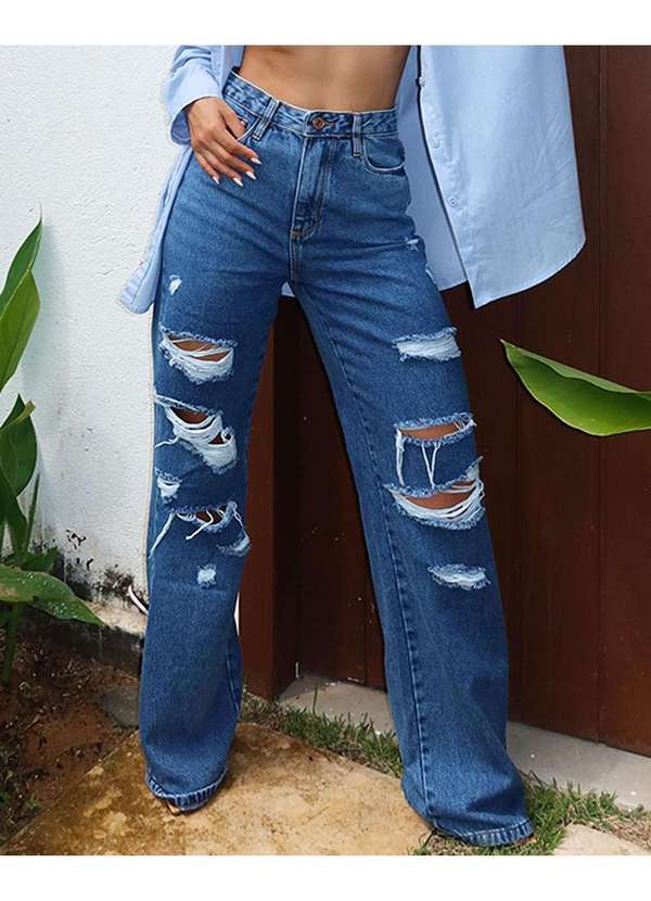 Consciência - Calca Jeans Wide Leg Feminina Cintura Alta Destroyed Azul 3