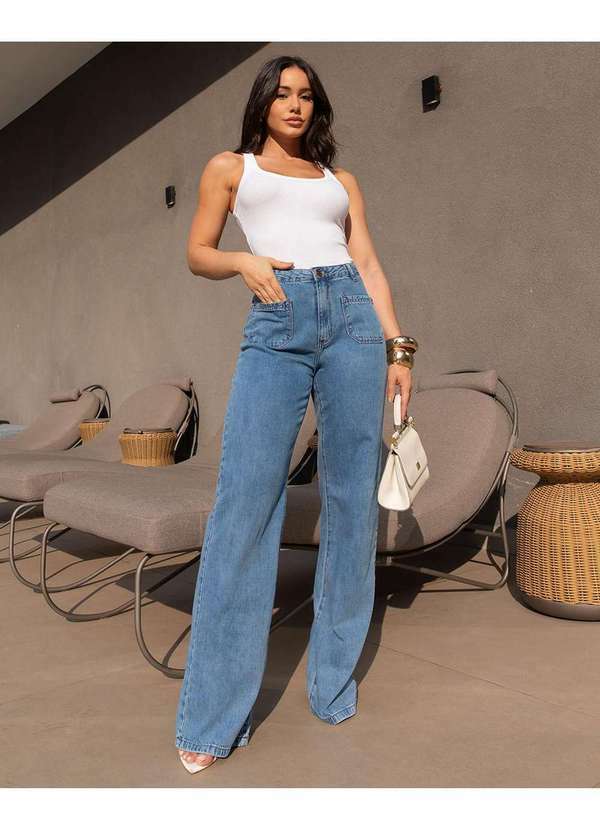 Consciência - Calca Jeans Wide Leg Feminina Cintura Alta Detalhe Bolso Azul