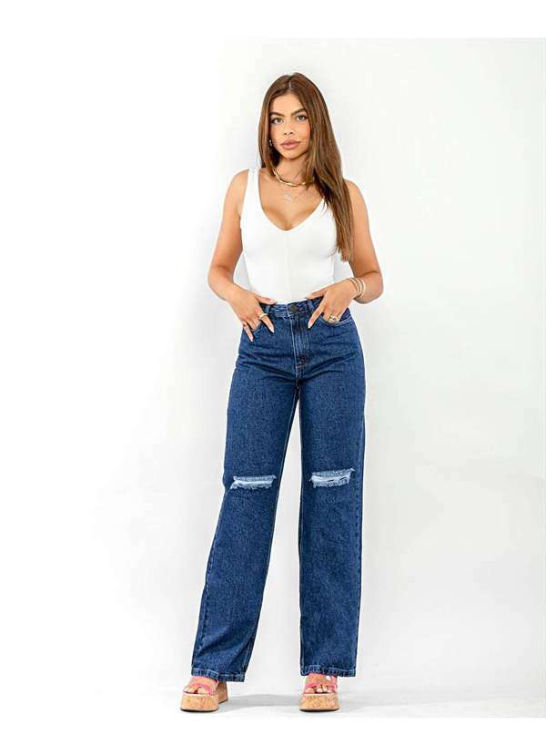 Consciência - Calca Jeans Wide Leg Feminina Cintura Alta Rasgos Joelho Azul