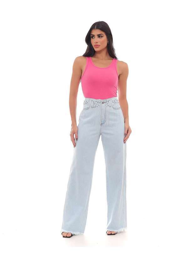 Consciência - Calca Jeans Wide Leg Feminina Cintura Alta Tachas e Correntes Azul