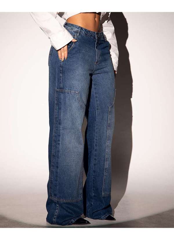 Consciência - Calca Jeans Wide Leg Feminina Cintura Alta Vintage sem Elastano Azul 3