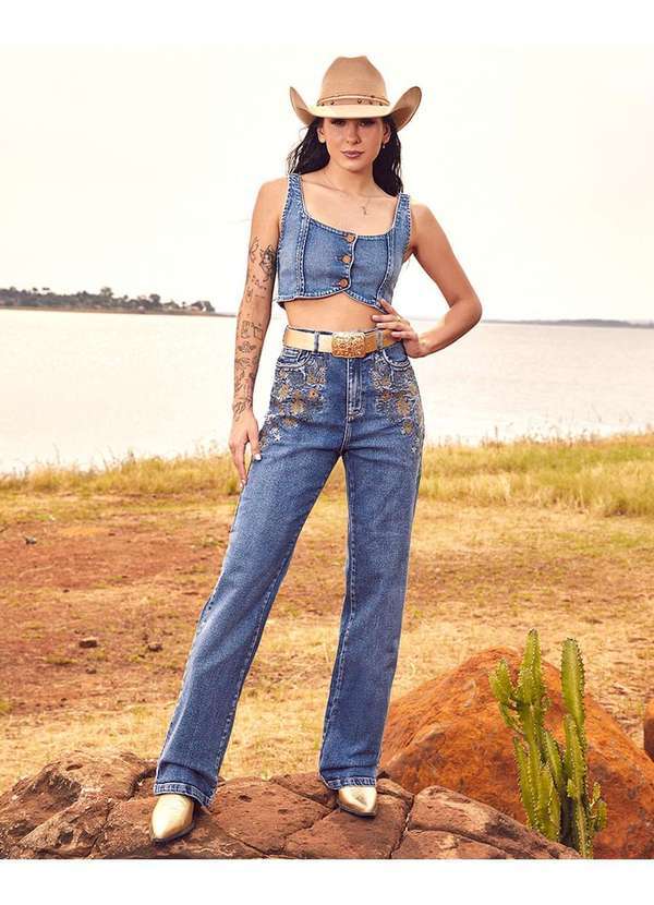 Consciência - Calca Jeans Wide Leg Feminina com Bordado Flor Azul
