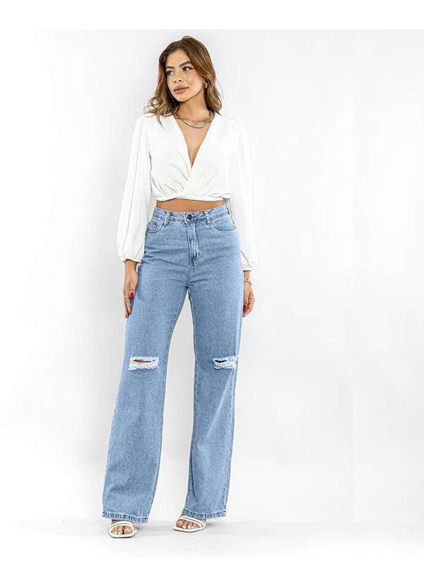 Consciência - Calca Jeans Wide Leg Feminina Elastano Rasgada no Joelho Azul
