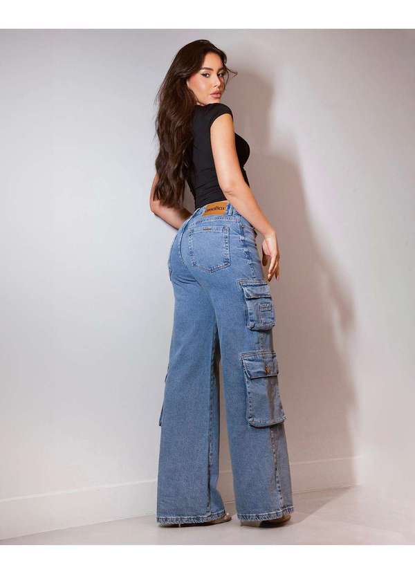 Consciência - Calca Jeans Wide Leg Feminina Relaxed Cargo Azul 2