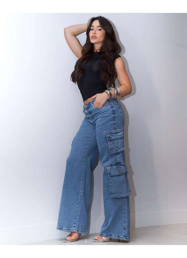 Consciência - Calca Jeans Wide Leg Feminina Relaxed Cargo Azul 4