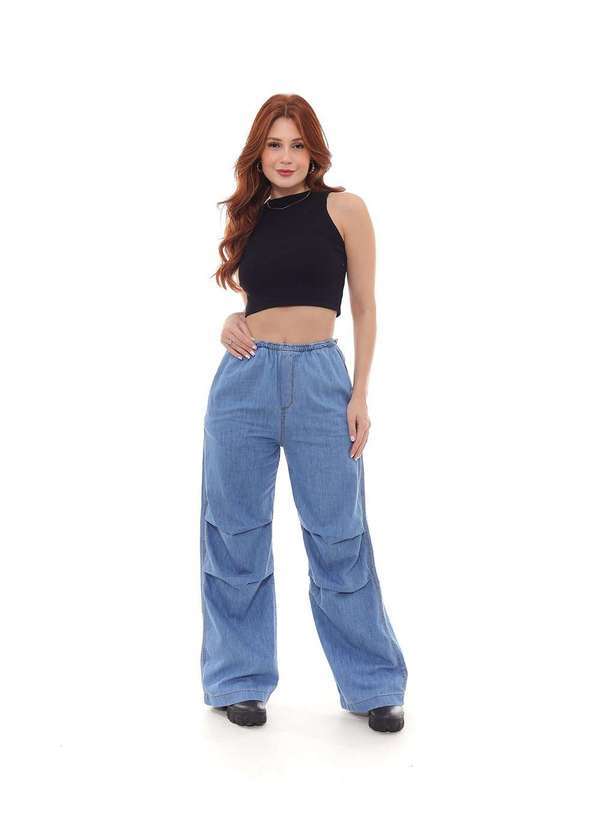 Consciência - Calca Jeans Wide Leg Parachute Feminina com Elastico no Cos Azul