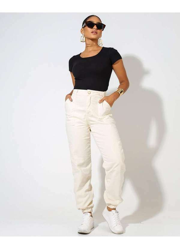Consciência Calca Jogger Feminina Cintura Alta Bolsos Cargo Off White  Branco