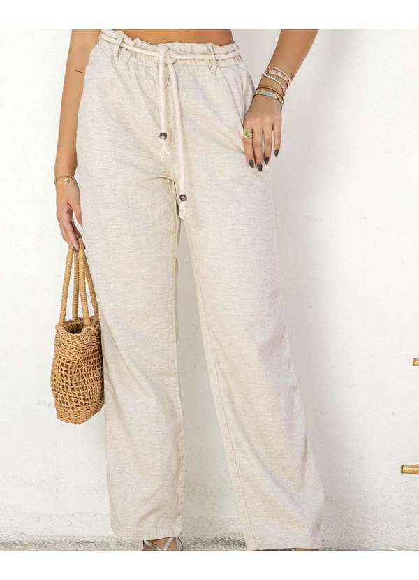 Consciência - Calca Linho Feminina Wide Leg Clochard com Cordao Bege 3