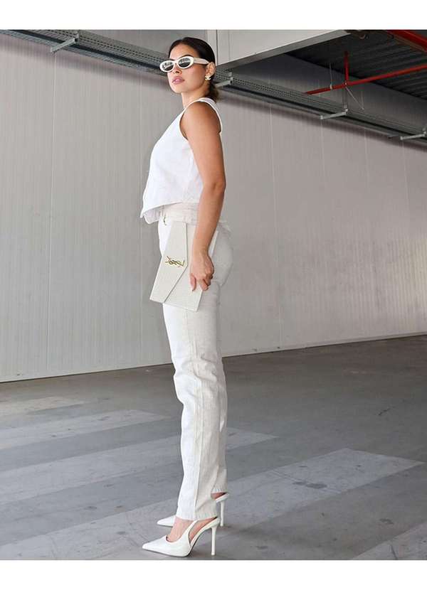 Consciência - Calca Linho Mom Feminina Cintura Alta Basica Bege 2