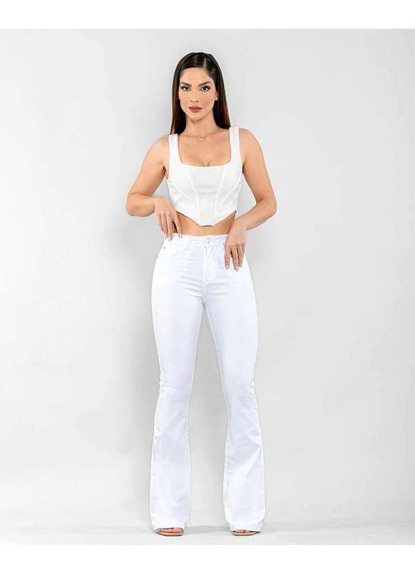 Consciência - Calca Sarja Feminina Flare Branca Basica Cintura Alta Branco