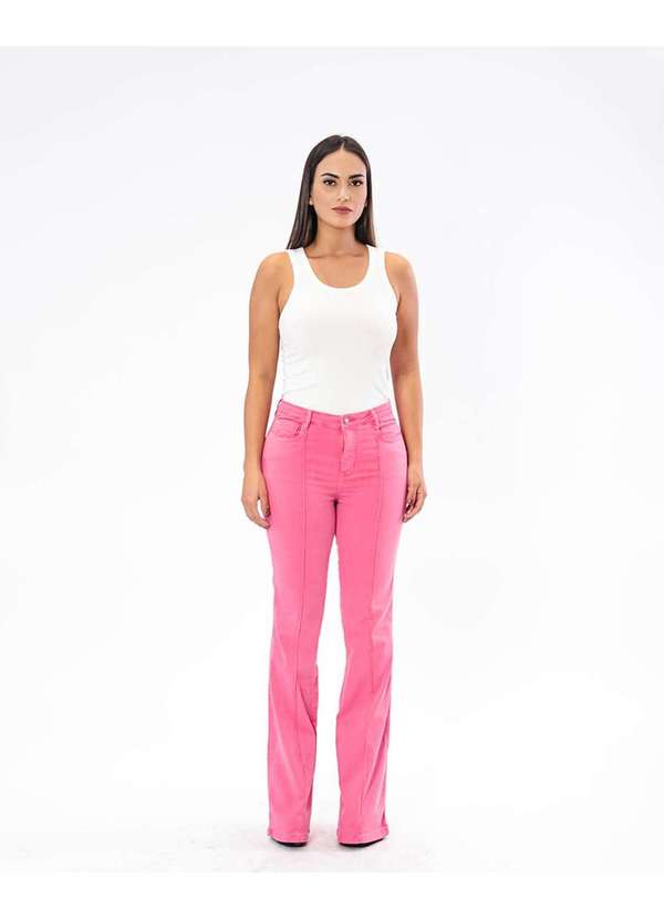 Consciência - Calca Sarja Feminina Flare Rosa com Nervuras Frontais Rosa