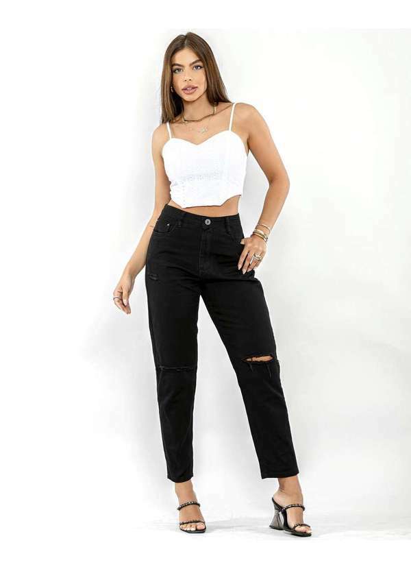 Consciência - Calca Sarja Feminina Mom Cintura Alta Preta com Rasgos Preto