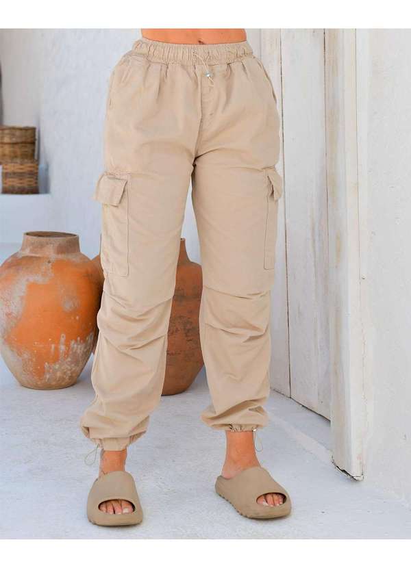Consciência - Calca Sarja Feminina Parachute Cargo Cintura Media Caqui Bege 3