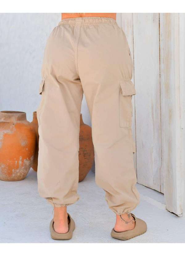 Consciência - Calca Sarja Feminina Parachute Cargo Cintura Media Caqui Bege 4