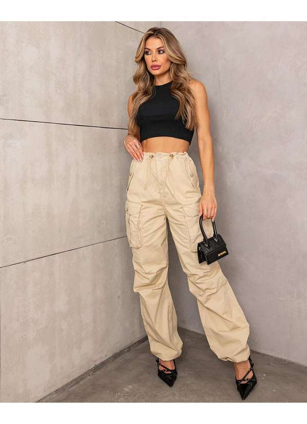 Consciência - Calca Sarja Feminina Parachute Cargo Cintura Media Bege