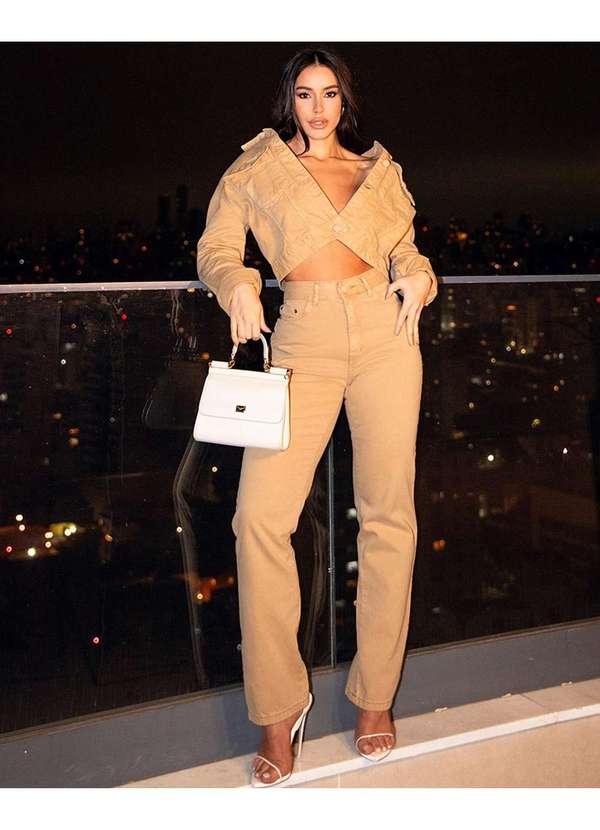 Consciência - Calca Sarja Reta Feminina Cintura Alta Basica sem Elastano Bege