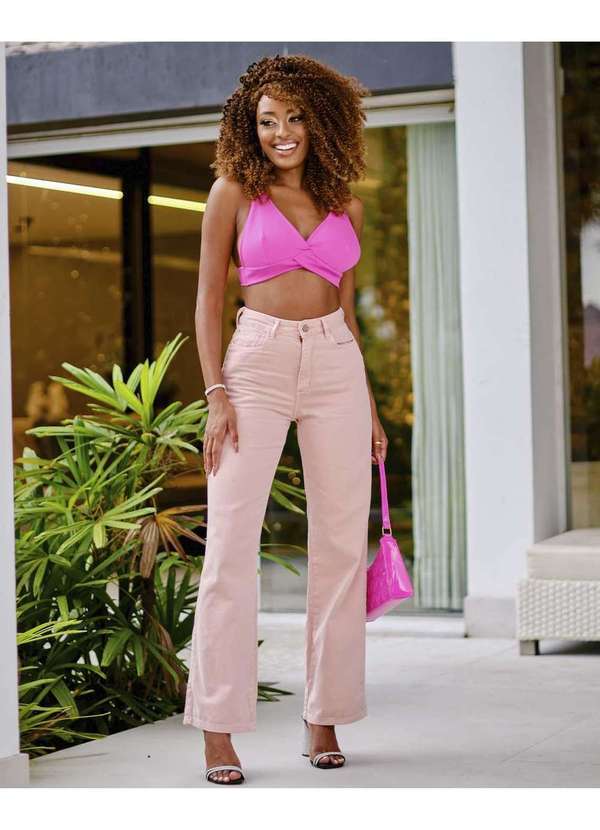 Consciência - Calca Sarja Wide Leg Feminina Cintura Alta Basica Color Rosa