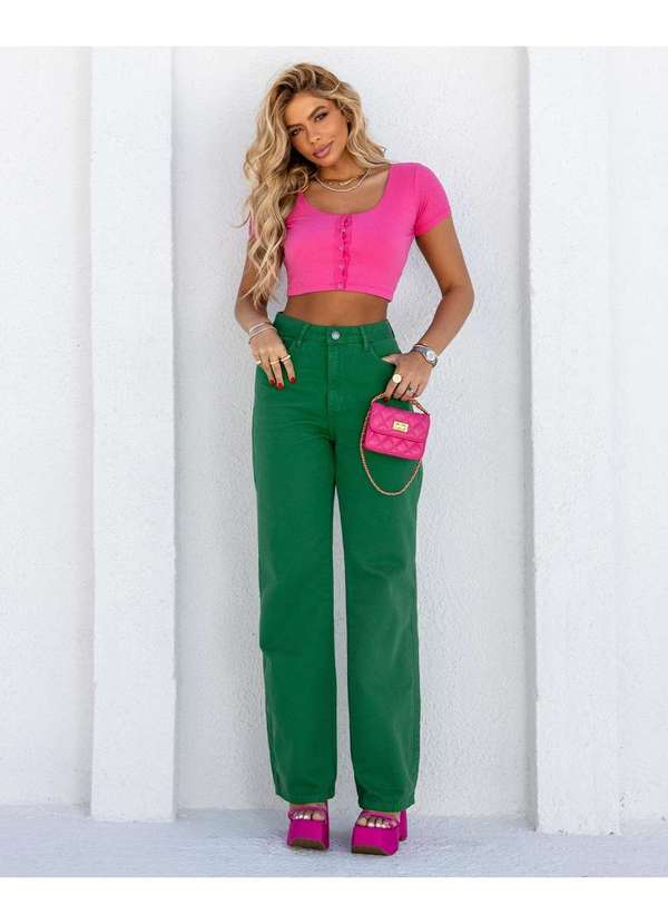 Consciência - Calca Sarja Wide Leg Feminina Cintura Alta Basica Color Verde