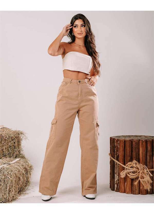 Consciência - Calca Sarja Wide Leg Feminina Cintura Alta Bolsos Cargo Bege