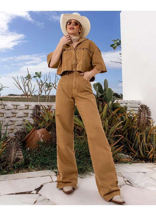 Consciência - Calca Sarja Wide Leg Feminina Cintura Alta Entrelacada Bege