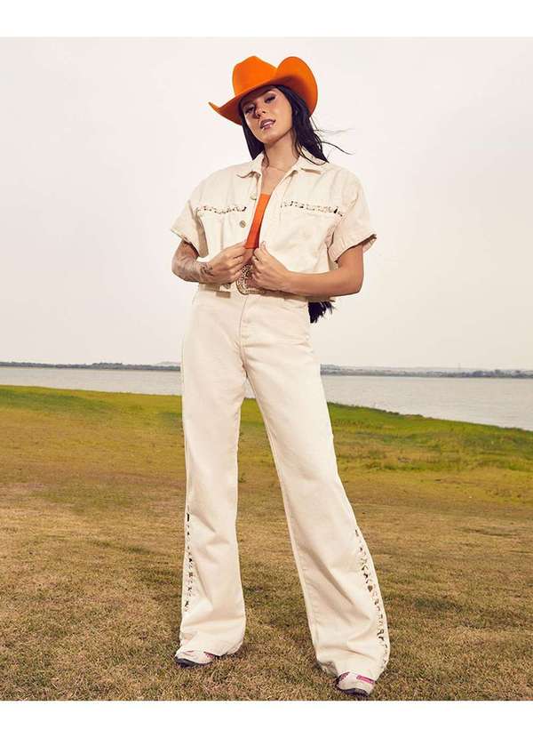 Consciência - Calca Sarja Wide Leg Feminina Cintura Alta Entrelacada Branco