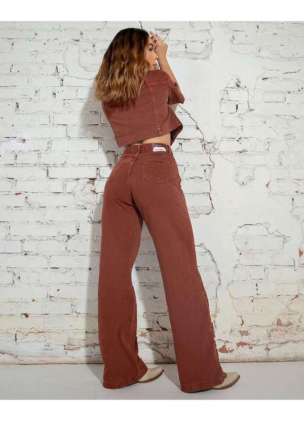 Consciência - Calca Sarja Wide Leg Feminina Cintura Alta Entrelacada Marrom 2