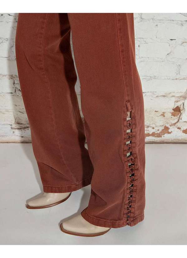 Consciência - Calca Sarja Wide Leg Feminina Cintura Alta Entrelacada Marrom 3