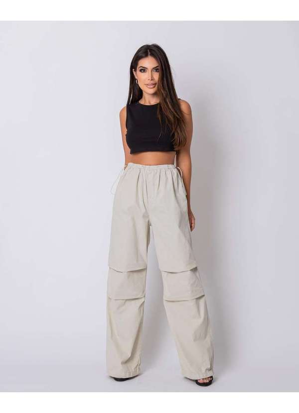 Consciência - Calca Sarja Wide Leg Parachute Feminina Creme Cintura Media Bege