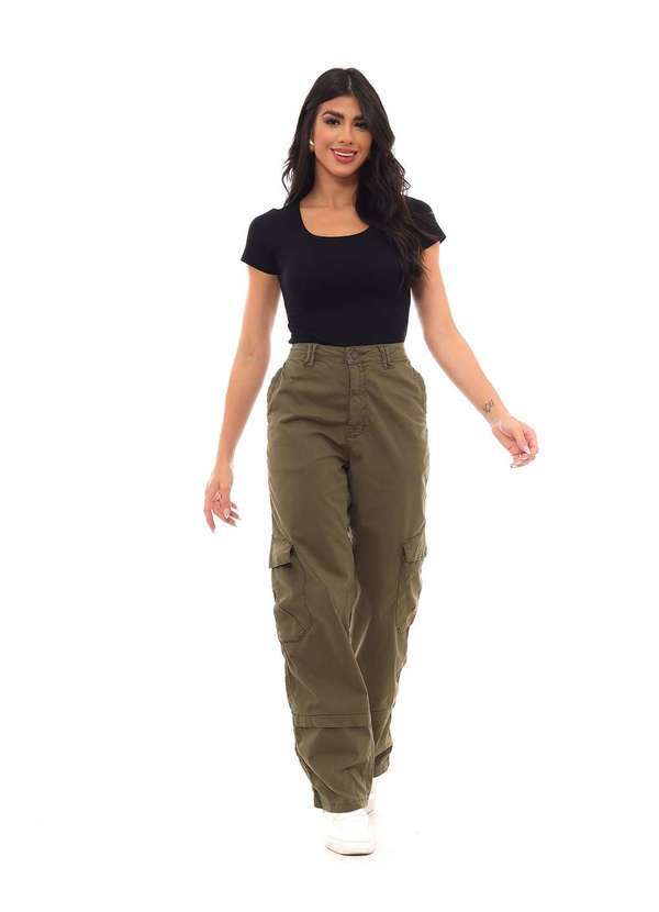 Consciência - Calca Sarja Wide Leg Verde Feminina Cintura Alta Bolso Cargo Verde