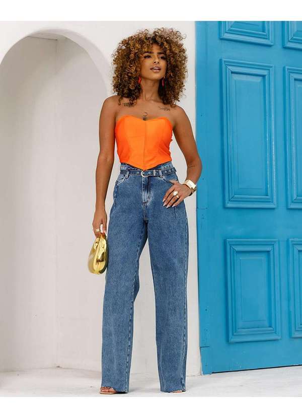 Consciência - Calca Wide Leg Feminina Cintura Alta Barra Giletada com Cinto Azul