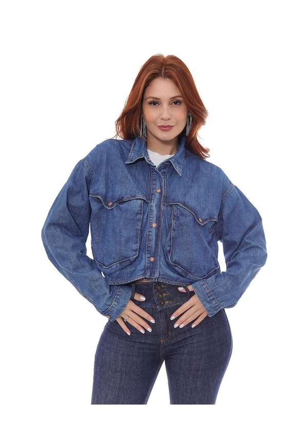 Consciência - Camisa Jeans Cropped Oversized Feminina com Bolsos Frontais Azul 1
