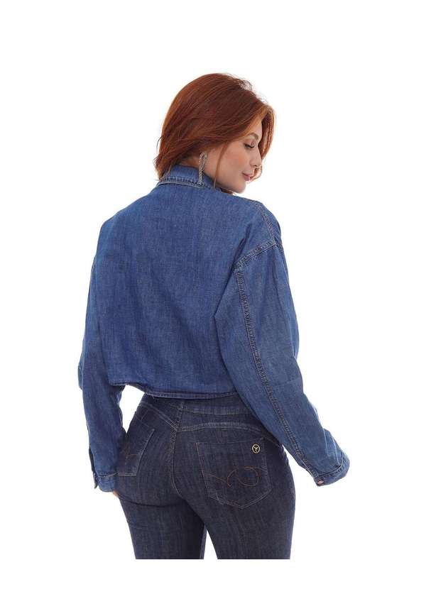 Consciência - Camisa Jeans Cropped Oversized Feminina com Bolsos Frontais Azul 2