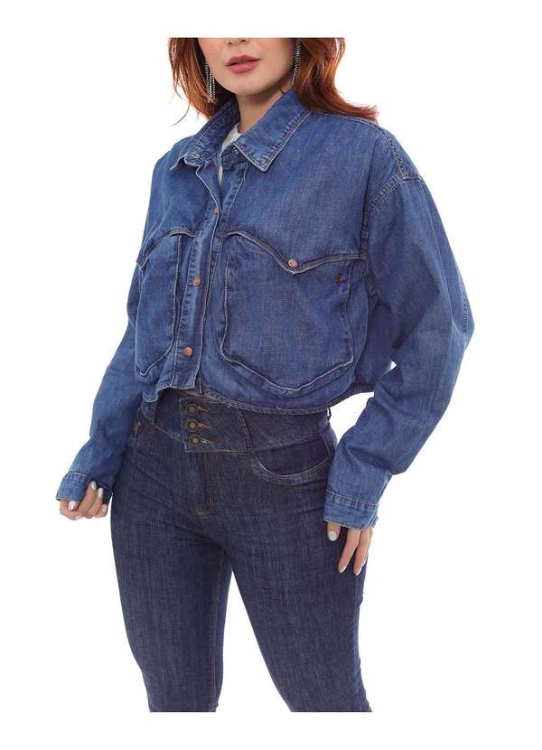 Consciência - Camisa Jeans Cropped Oversized Feminina com Bolsos Frontais Azul 3