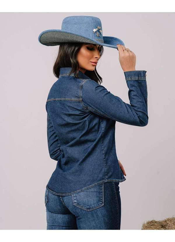 Consciência - Camisa Jeans Feminina Basica Manga Longa com Botoes Azul 2