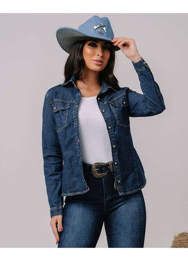 Consciência - Camisa Jeans Feminina Basica Manga Longa com Botoes Azul 3