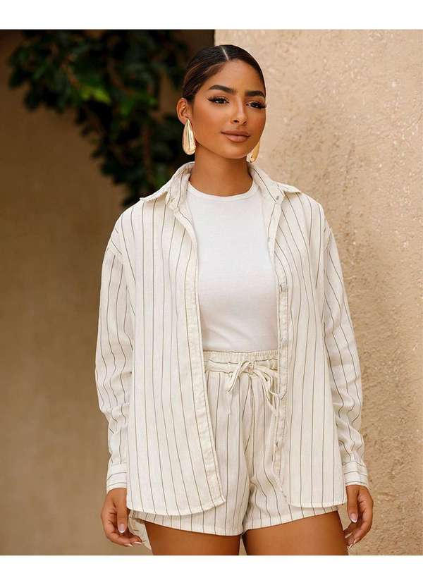 Consciência - Camisa Linho Feminina Oversize Listrada Branco