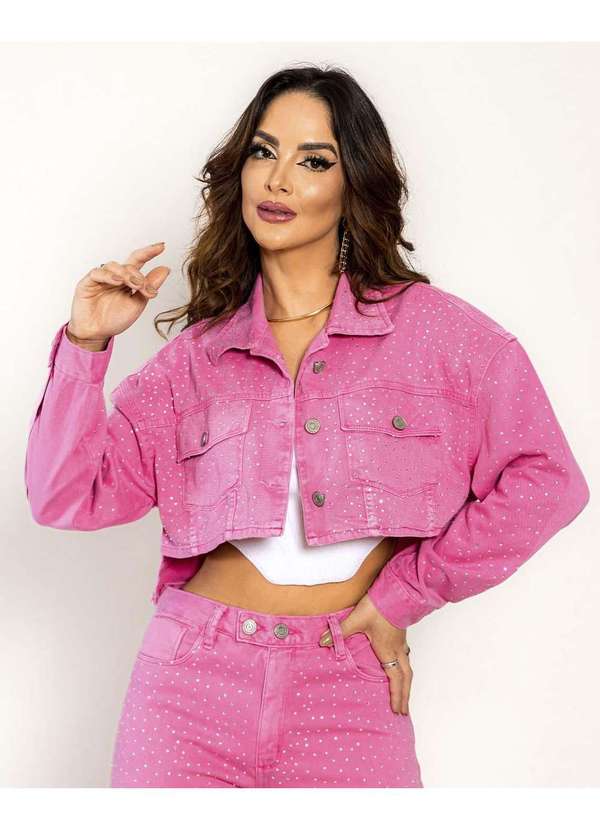 Consciência Jaqueta Feminina Cropped Rosa com Barra Mullet Desfiada Shine  Rosa