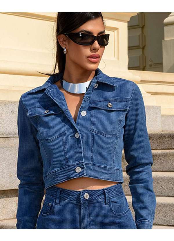 Consciência - Jaqueta Jeans Cotele Feminina Cropped Azul 3