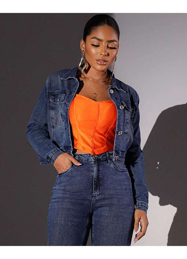 Consciência - Jaqueta Jeans Cropped Feminina com Elastano Azul