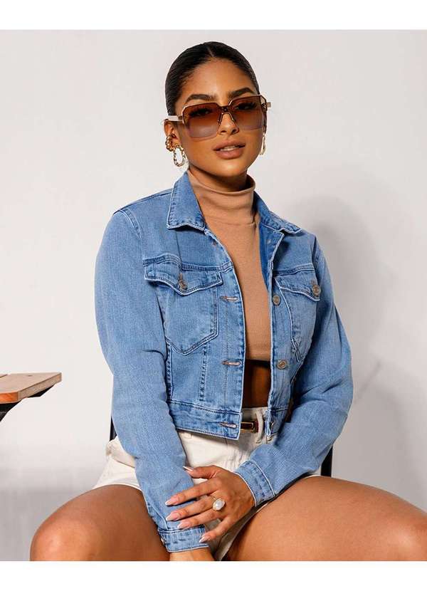 Consciência - Jaqueta Jeans Cropped Feminina com Elastano Azul 2