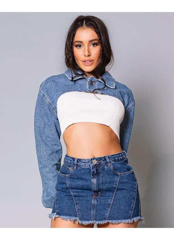 Consciência - Jaqueta Jeans Feminina Cropped Iara Guimaraes Azul 1