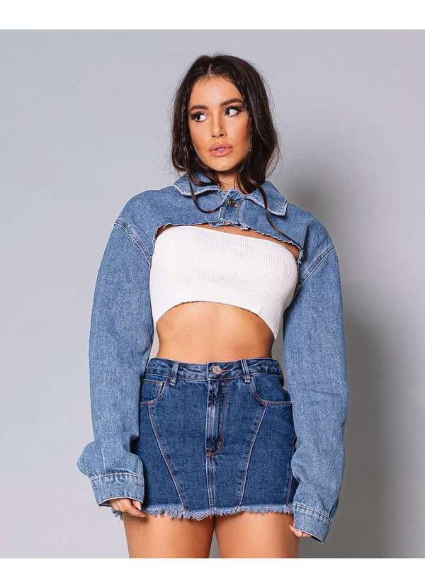 Consciência - Jaqueta Jeans Feminina Cropped Iara Guimaraes Azul 2