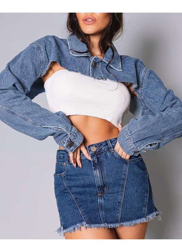 Consciência - Jaqueta Jeans Feminina Cropped Iara Guimaraes Azul 4