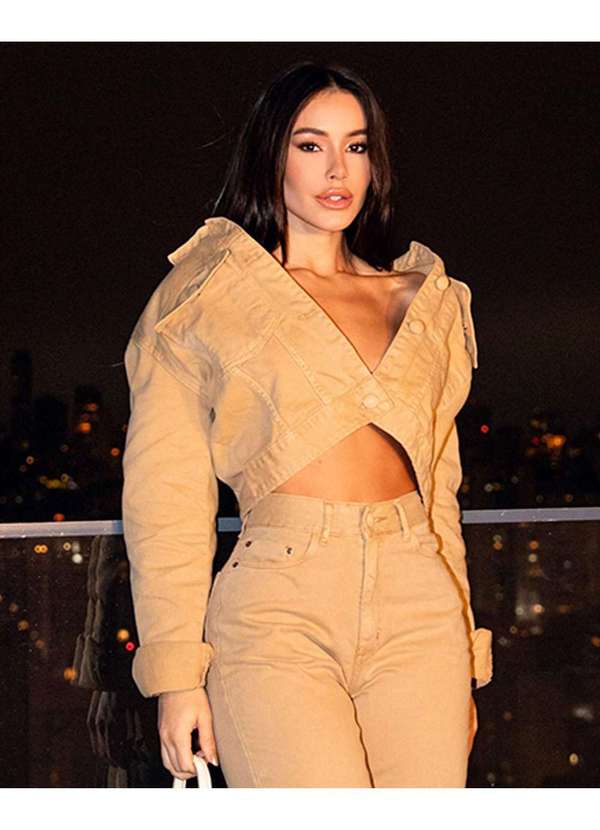 Consciência - Jaqueta Sarja Cropped Feminina Basica Bege 3