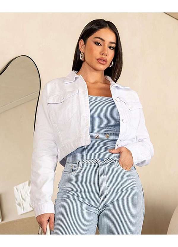 Consciência - Jaqueta Sarja Cropped Feminina Basica Branco