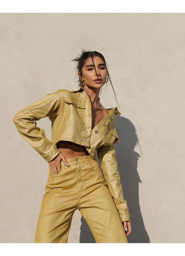 Consciência - Jaqueta Sarja Resinada Cropped Feminina Dourado 3