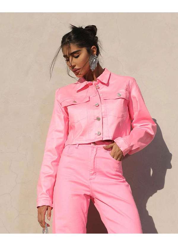 Consciência - Jaqueta Sarja Resinada Cropped Feminina Rosa