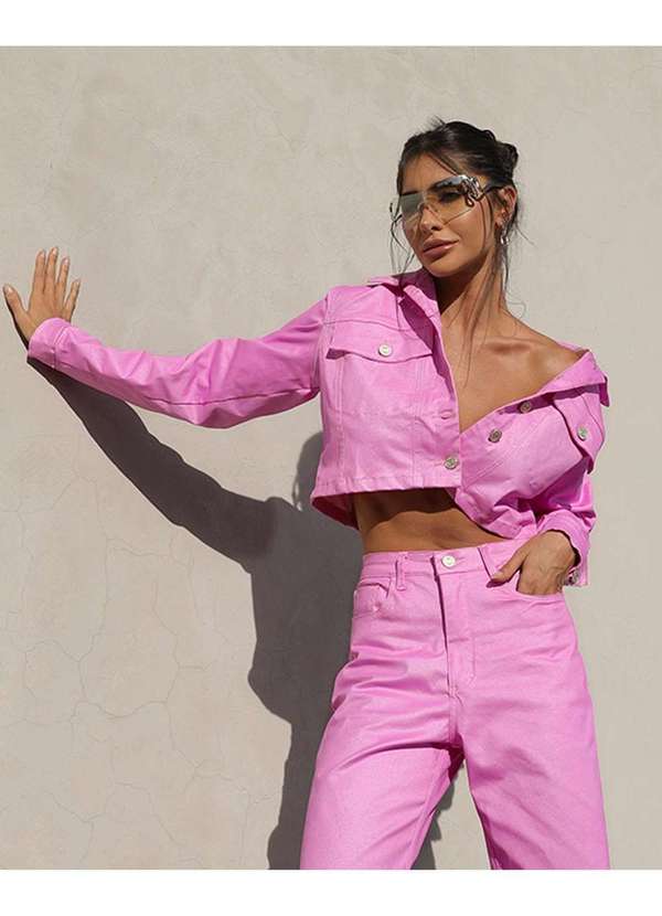 Jaqueta Sarja Resinada Cropped Feminina Roxo Consciencia Jeans